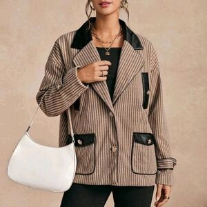 High-End Stylish Contrast Color Front Button Pocket Long Sleeve Blazer